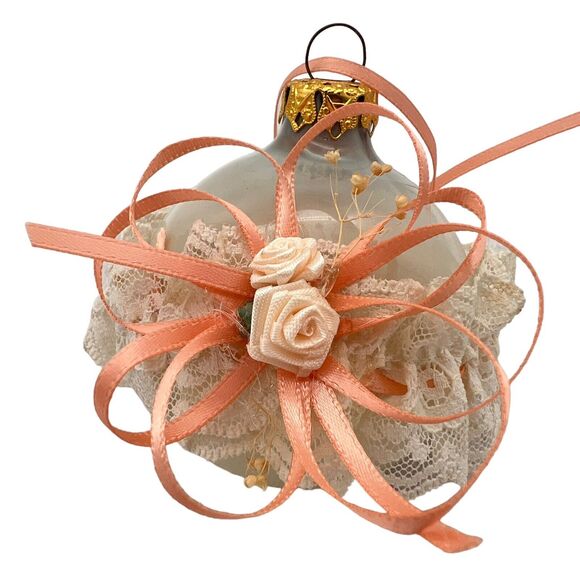Decorative Ornaments Peach Glam Ribbon Lacy Frosted Ball Heart Roses Clear Glass - Picture 9 of 13